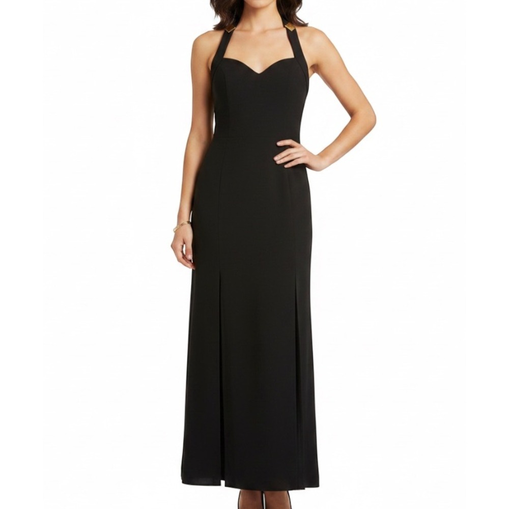 ELAN Gorgeous BLACK CREPE COCKTAIL PARTY SHEATH DRESS Halter w/Gold Accents 8
